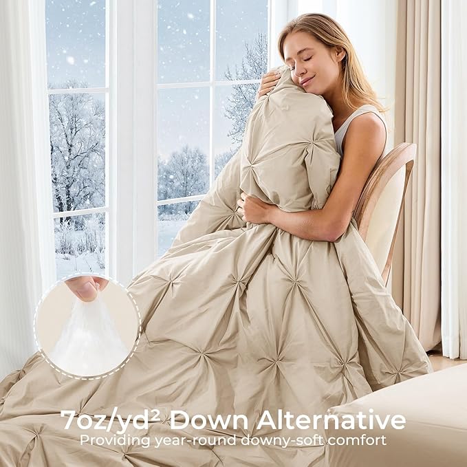 Sasttie Twin XL Comforter Set, 5-Piece Bed in a Bag, Pintuck Bedding Sets for All Season, Includes Comforter, Flat Sheet, Fitted Sheet, Pillowcase and Pillowsham, Warm Beige