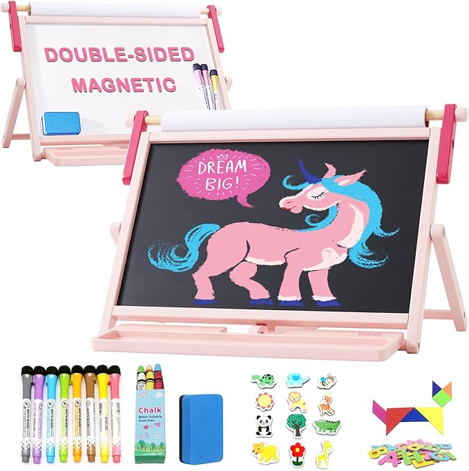FUNLIO Anti-Warping Tabletop Easel for Kids Ages 3+ (100+ Pcs), Kids Easel with Whiteboard, Chalkboard & Paper Roll, Wooden Double-Sided Magnetic Table Easel with 3 Adjustable Angles, Foldable - Pink