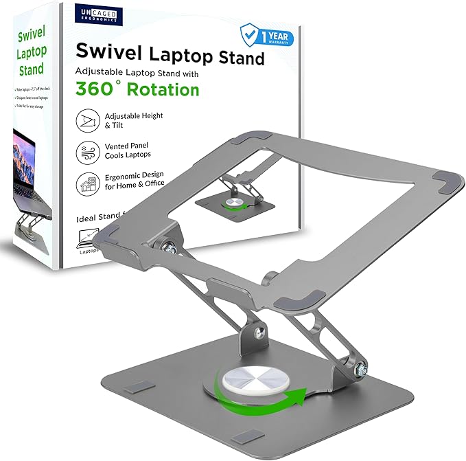 Uncaged Ergonomics Swivel Laptop Stand for Desk, Adjustable Computer iPad Stand for Desk w/ 360 Rotation, Portable Laptop Holder for Home Office Ergonomic Supplies (Space Gray)