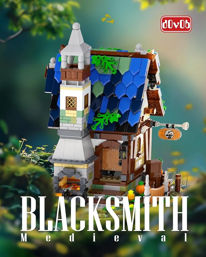 dOvOb Architecture Medieval Smithy Building Blocks Set with LED Light Bricks - 1200+PCS Construction Model for Adults and Kids