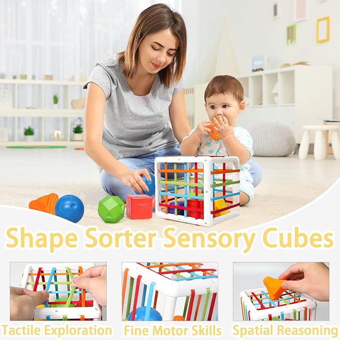 Montessori Baby Toys 6-18 months,Sensory Shapes & Storage Bin,Stacking Toys,Dinosaur Phone,Suction Cup Spinner Toy,Cloth Book,Infant Bath Time Fun,6 in 1 Toddlers Toy Gifts for 1-3 Year Old Boys Girls