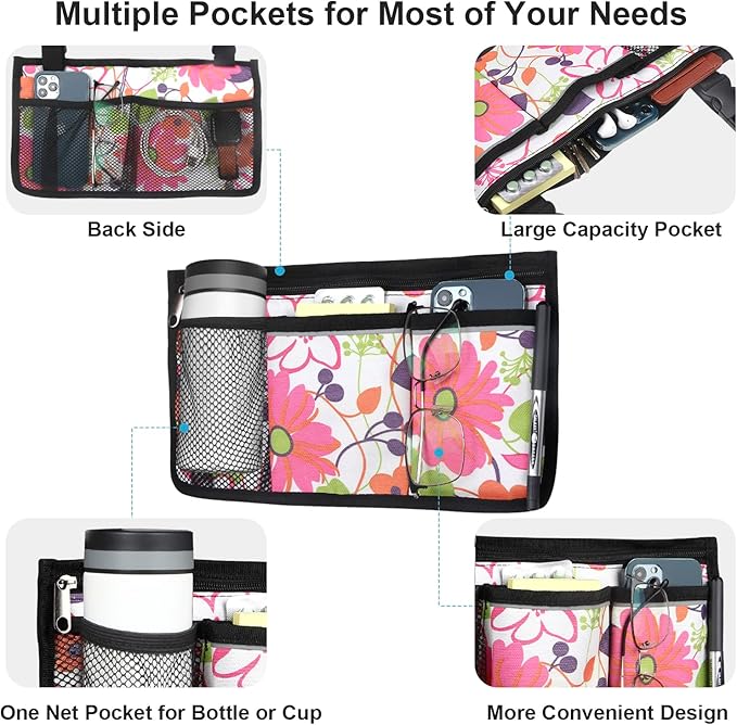 Wheelchair Side Bag, Upgrade Flower Color Wheelchair Armrest Storage Pouch with Cup Holder and Reflective Strip Made with Waterproof Fabric, for Most Wheelchairs, Walkers and Rollators (Pink Floral)