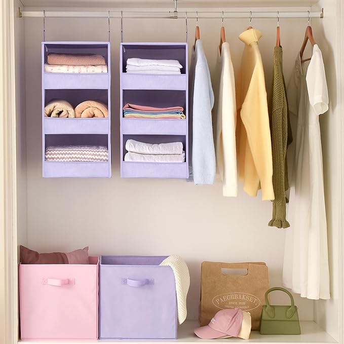 GRANNY SAYS 3 Shelf Hanging Closet Organizers and Storage, Collapsible Closet Storage Organizer with 2 Metal Hooks, Leak-Proof Hanging Shelves for Closet, Dorm Room, Nursery, 2 Pack, Purple
