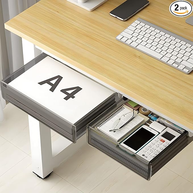 Under Desk Table Drawer Storage Organizer,2 Pack Large & Medium Slide Out Desk Drawers - Hidden Desktop Organizer,Attachable Pencil Storage Tray Under Table(ML)