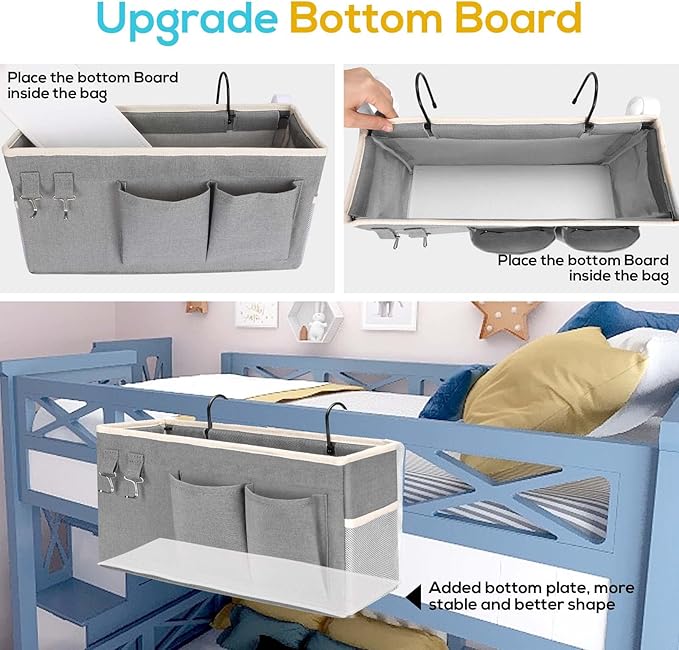 3pcs Bedside Caddy Hanging Storage Bag, Water Cup Holders, Organizer Baskets with Pockets for Bunk Bed Shelf, Hospital Beds, Loft & Dorm Rooms Accessories (Bedside bag-Grey)