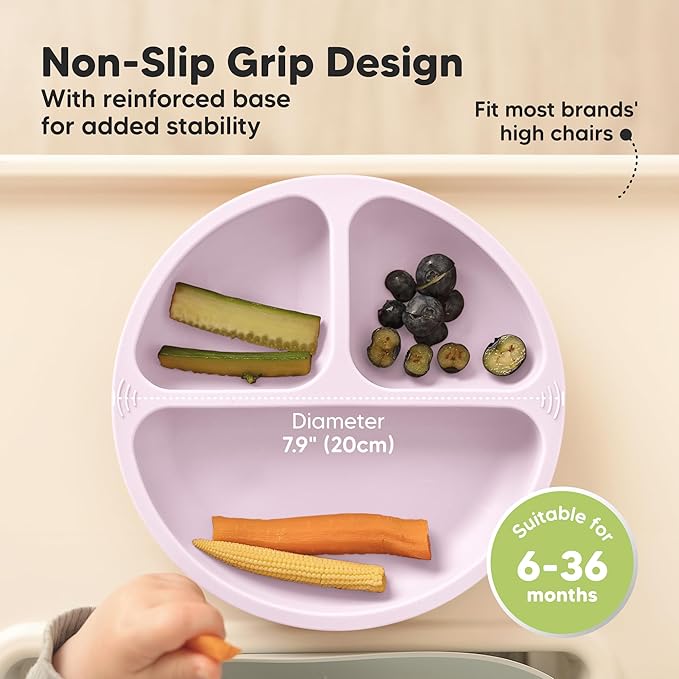 KeaBabies Suction Plates for Baby, Toddler - 3-Pack 100% Silicone Toddler Plates, Divided Baby Plates with Suction, Silicone Plates for Baby, Kids, BPA-Free, Microwave, Dishwasher Safe (Amethyst)