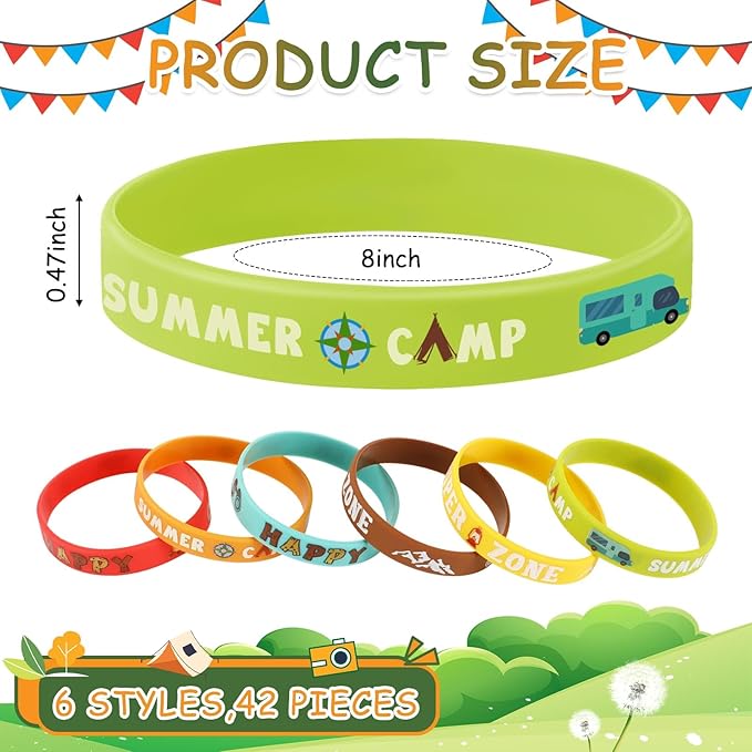 JUNEBRUSHS 42pcs Camping Party Favors Silicone Bracelets Summer Camping Theme Rubber Wristbands Accessories for Adults Camping Adventure Birthday Party Decorations Gift Supplies