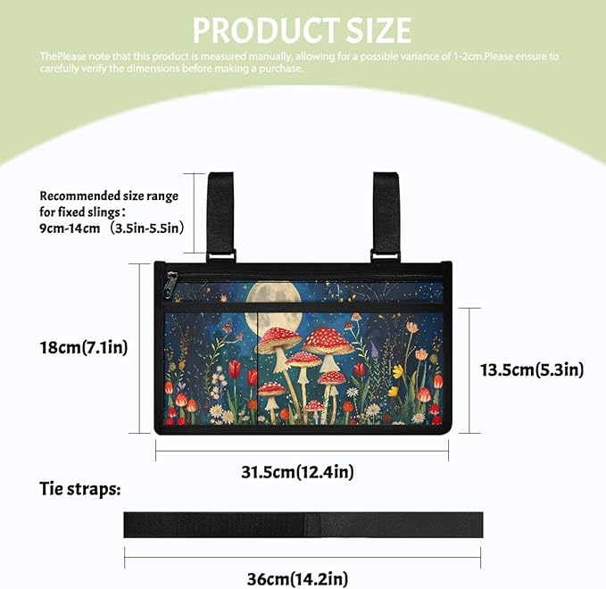 ZOUTAIRONG Moon Mushroom Wheelchair Side Bag Walker Bag Wheelchair Accessories for Adults Waterproof Armrest Organizer Storage Pouches with Reflective Stripes for Electric Wheelchair Walkers Seniors