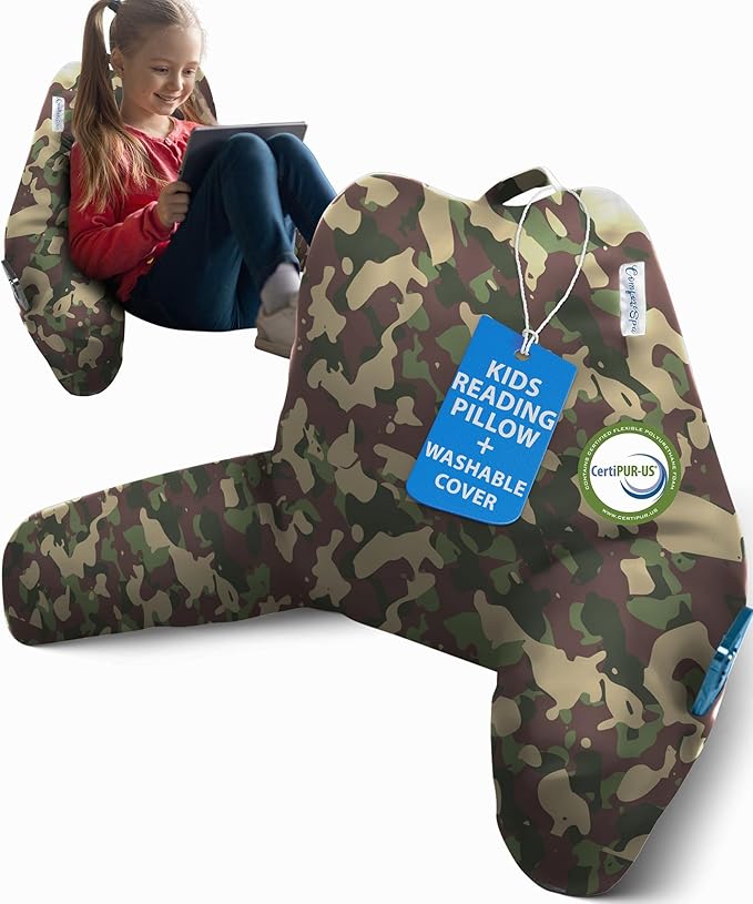 ComfortSpa Reading Pillow for Kids Teens Adult, Back Rest Pillow with Arms, Pockets, Washable Cover; Use as Back Pillow for Bed Sitting Up for Bedrest, Relief from GERD Heartburn (Standard Camouflage)