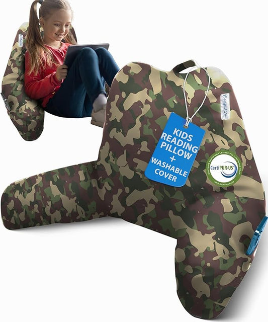 ComfortSpa Reading Pillow for Kids Teens Adult, Back Rest Pillow with Arms, Pockets, Washable Cover; Use as Back Pillow for Bed Sitting Up for Bedrest, Relief from GERD Heartburn (Standard Camouflage)