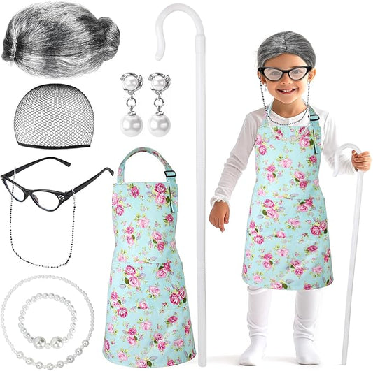 Kyson Girls Old Lady Costume for Kids 9 Pcs 100th Days of School Granny Wig Apron Outfit Halloween Dress Up Accessories