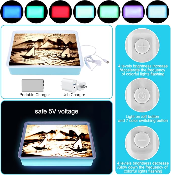 Kids Light Table Sand Painting Light Box Sand Drawing Toys Drawing Art Kits with Adjustable LED Lights in 7 Colors Sand Table (Blue)