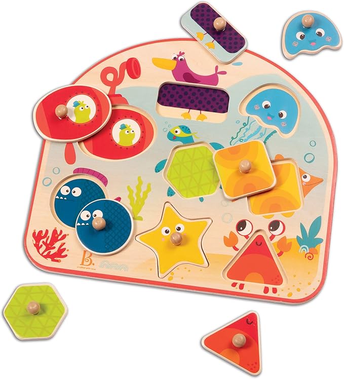 B. toys- Sea Treasures- Wooden Peg Puzzle – Sea Animals Puzzle – Ocean Peg Puzzle for Toddlers, Kids – 8 Chunky Pieces – 18 Months +