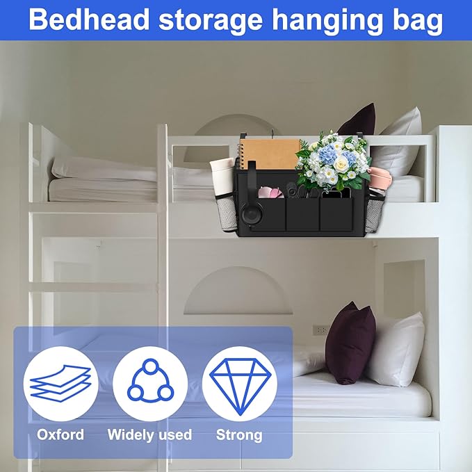1PC Bedside Caddy, Bedside Storage Organizer for Top Bunk Bed Compartmental Oxford Cloth Versatile Large Capacity Bedside Hanging Bag Holder for Home Bedroom Dorm