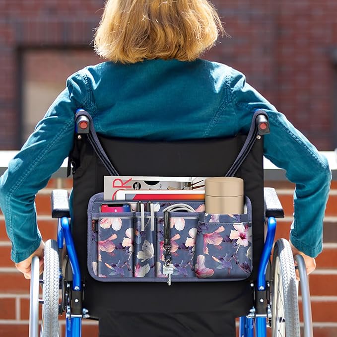 FINPAC Wheelchair Side Storage Bag w/Cup Holder, Wheelchair Armrest Accessories Pouch with Pen Slot and Reflective Strips for Power Walkers, Rollators, Seniors - Blooming Hibiscus