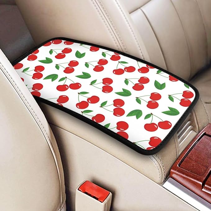 DORKEIXIA Fruit Cherry Red Cherries Leaves Leaf White Auto Center Console Armrest Pad Universal Car Center Console Cover Seat Box Cover for Sedan, Van, SUV, Truck Car Accessorie
