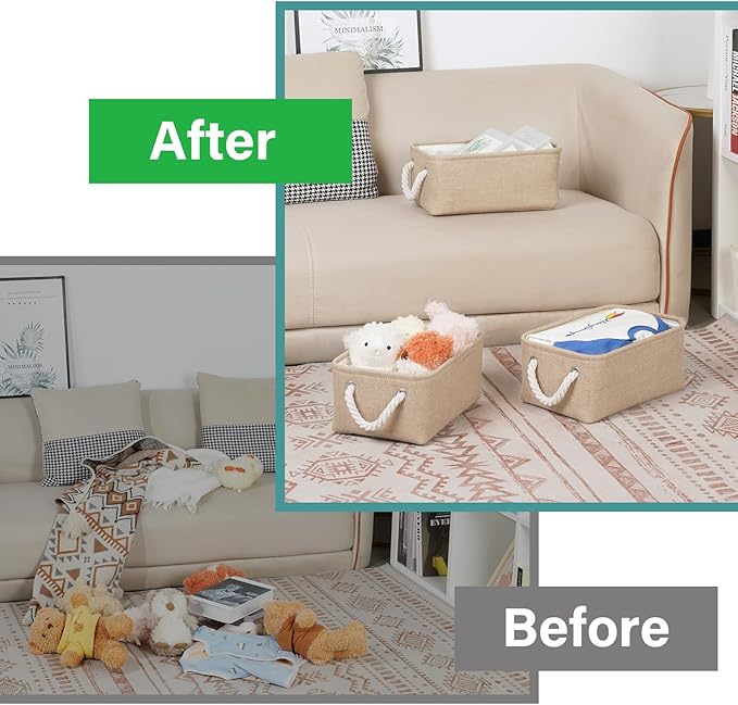 Bidtakay Small Storage Baskets for Shelves 3 Pack Fabric Storage Bins for Organizing Linen Collapsible Organizer for Closet-Flaxen