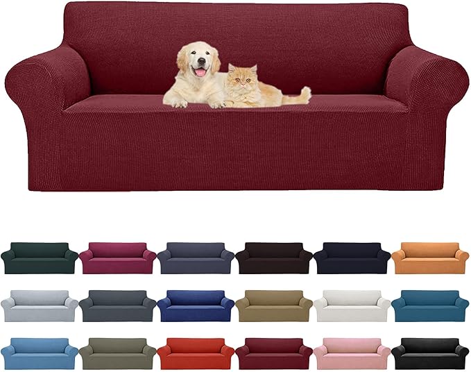2025 New Stretch Oversized Sofa Slipcovers Couch Sofa Cover for 4 Seater Furniture Protector Covers with Elastic Bottom Jacquard Fabric Small Checks for Pets, Kids - Dark Red