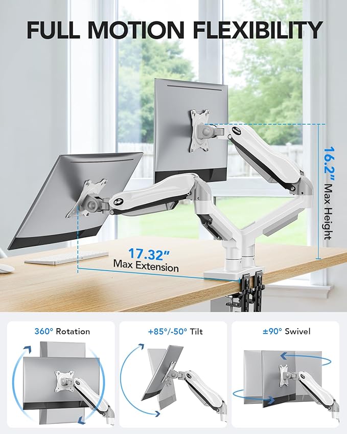 HUANUO Dual Monitor Stand - Full Adjustable Monitor Desk Mount Swivel Vesa Bracket with C Clamp, Grommet Mounting Base for 13 to 32 Inch Computer Screens - Each Arm Holds 4.4 to 19.8lbs - White