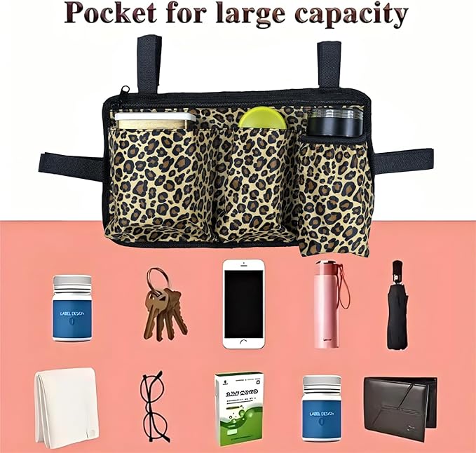 Wheelchair Side Bag with Cup Holder, Wheelchair Armrest Pouch Accessories for Walker, Rollator, Electric Scooter Wheelchairs (Leopard Print, 13.8X8 Inch)