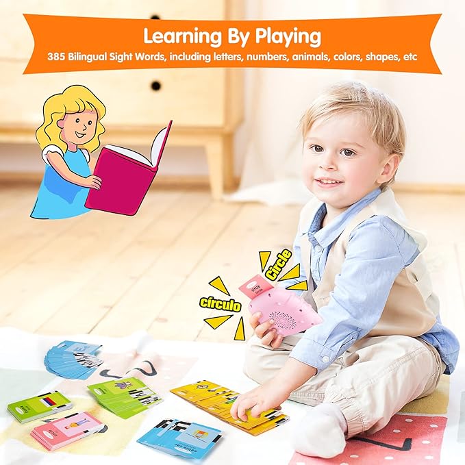 Bilingual English & Spanish Flash Cards for Toddlers, Audible Toys Learning Spanish for Kids Adults, Speech Therapy Toys, Educational Learning Talking Flash Cards 385 Sight Words-Pink