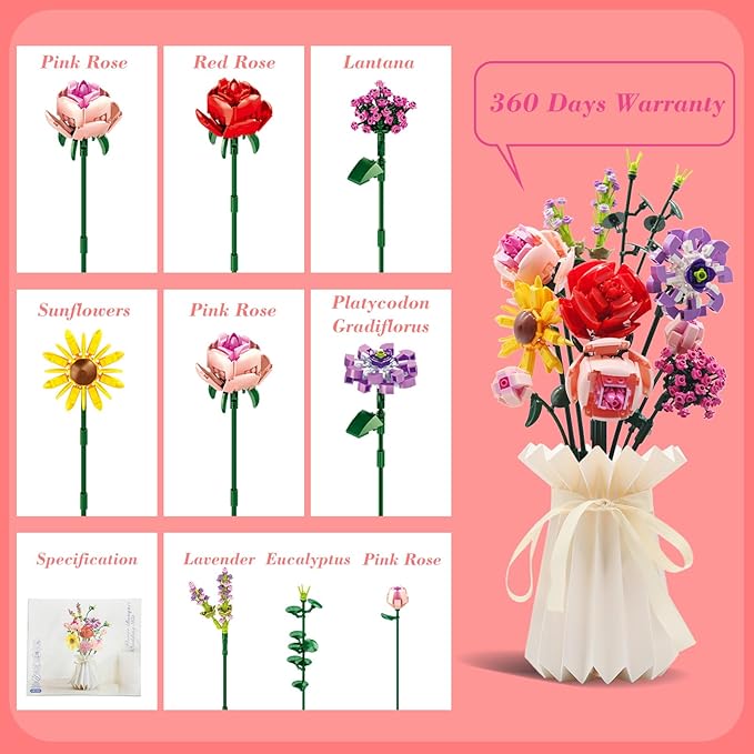 Compatible with Lego Flowers Bouquet, Flower Building Toy Set, Building Block Sets for Adults and 6+ Ages Kids, 530pcs Botanical Collection & Table Art, Gifts for Birthday and Christmas(White Vase)