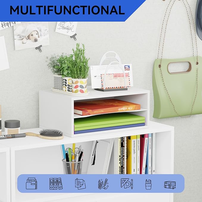 Wood Desktop Letter Tray File Organizer, Paper Storage Mail Sorter with Adjustable Drawer Boards for Home and Office, White