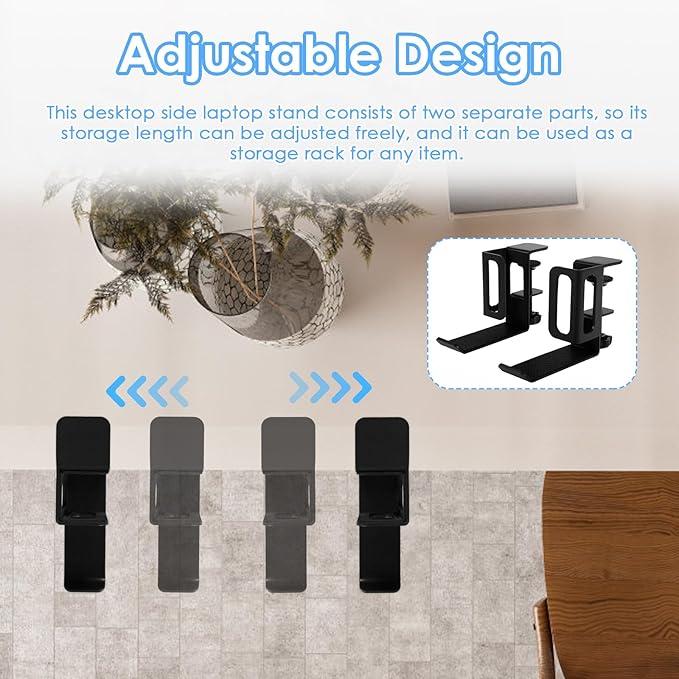 Desk Side Laptop Stand, Vertical Desk Side Laptop Holder with Headphone Stand, Adjustable Length Mount Storage Rack, No Drill Clamp Organizer for Laptops, Tablets, Keyboards (Black)