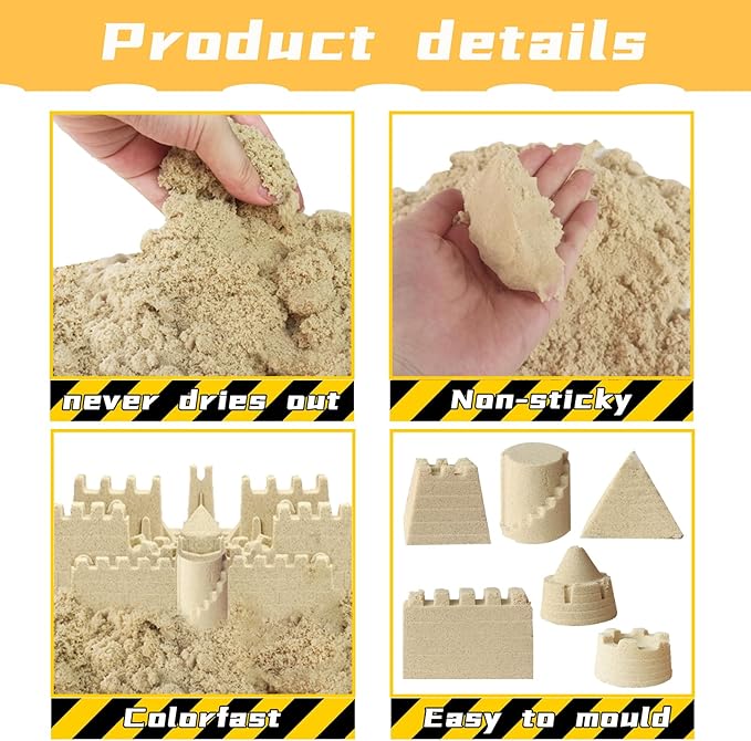 34 PCS Play Sand Construction Sensory Bin Set,2.2 lbs Magical Sand,2 Take Apart 6 Undetachable Construction Trucks Toys,Castle Molds,Road Signs,Sensory Sandbox with Lid for Kids Boys Girls Aged 3+