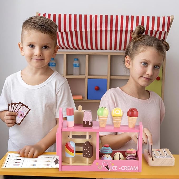 GAGAKU Wooden Ice Cream Play Set for Kids Pretend Play Food Wooden Ice Cream Set Shop Play Kitchen Accessories with Menu and Cash Role Play Toys Gifts for Toddler 3 4 5 6 7 8 Years Old Girls and Boys