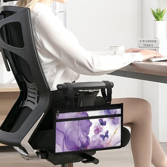 ZOUTAIRONG Purple Marble Print Butterfly Cross Wheelchair Side Bag Power Wheelchair Bag Walker Organizer Pouch Tote for Rollator and Folding