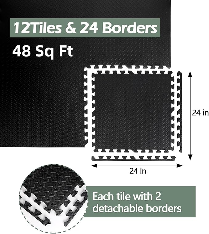 48 Sq Ft (12 Tiles) Interlocking Gym Mats, EVA Foam Puzzle Exercise Tiles for Home Gym, Yoga, Kids Playroom, Non-Slip Floor Protection