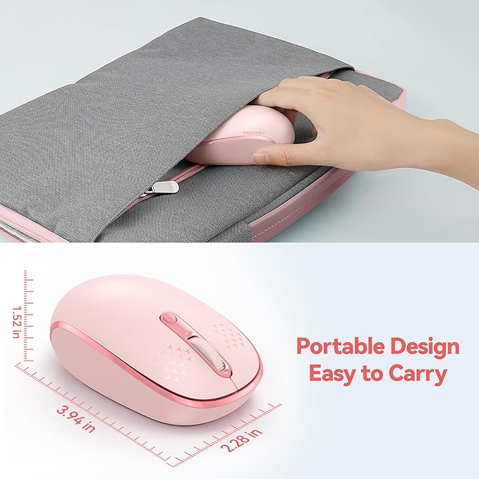 TECKNET Wireless Mouse, 2.4G Quiet Computer Mouse with USB Receiver, 4 Buttons Portable Cordless Mice for Chromebook, Laptop, PC, Mac, 800/1200/1600 DPI - Pink