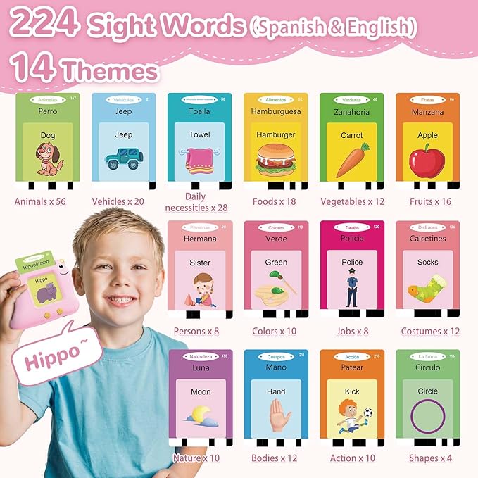 Girls Toys Spanish Talking Flash Cards - Toddler Montessori Toys for Age 2-4, Bilingual Español Speech Therapy, 224 Words Preschool Learning Activity, Gifts for Little Girls 2 3 4 5 Years Old