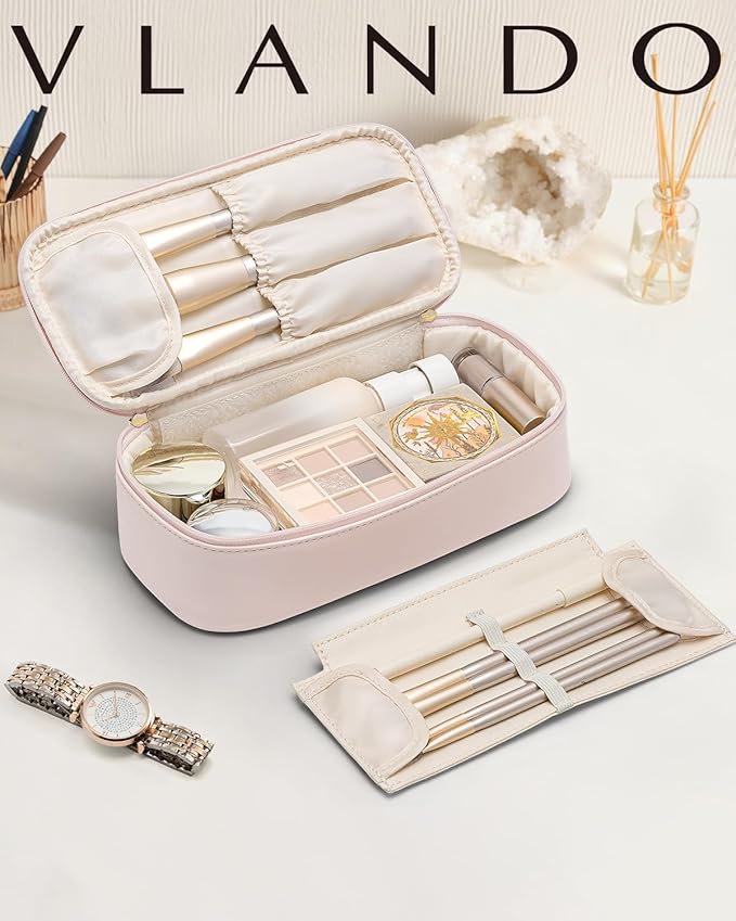 Vlando Makeup Travel Bag,Small Makeup Bag for Women,Gifts for Women Girls, Makeup Pouch Purse Travel Essentials Toiletries-Apricot Pink