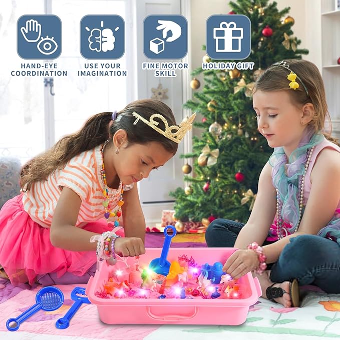 GAIETYDIY Unicorn Magic Sand Kit for Girls, Sensory Bins for Toddlers with LED Light, 2.2lbs Sensory Sand, Castle Decoration, Sandbox with lid, Unicorn Play Set, Beach Toy Gift for Kids 3 4 5 6 7 8…