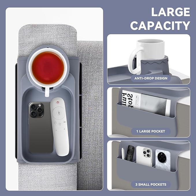 Couch Cup Holder Tray - Wide (6"+) ， Silicone Sofa Armrest Tray with Dual Pockets，Couch Arm Tray Anti-Slip Organizer for Drinks, Phone, Remote, Snacks | Heat Resistant for, Recliner, Car