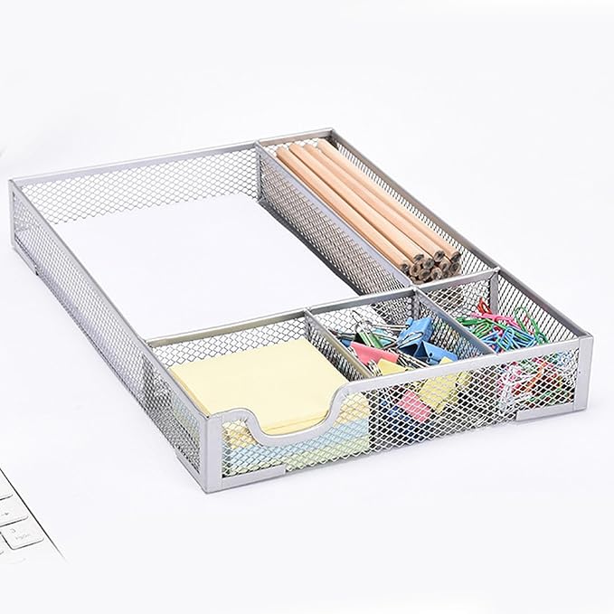 ZJchao Drawer Organizer, Desk Organizer, with Non Slip Rubber Pads Metal Mesh 5 Compartments Storage Tray for Home and Office Use (Silver)