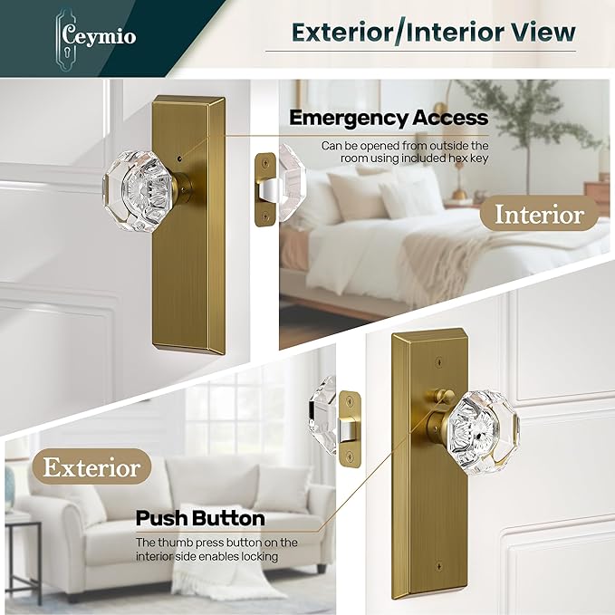 Glass Door Knobs for Interior Doors - Vintage Crystal Privacy Bedroom & Bathroom Door Knob with Lock - Diamond Cut Door Handle - Antique Brass Finish (1 Pack)