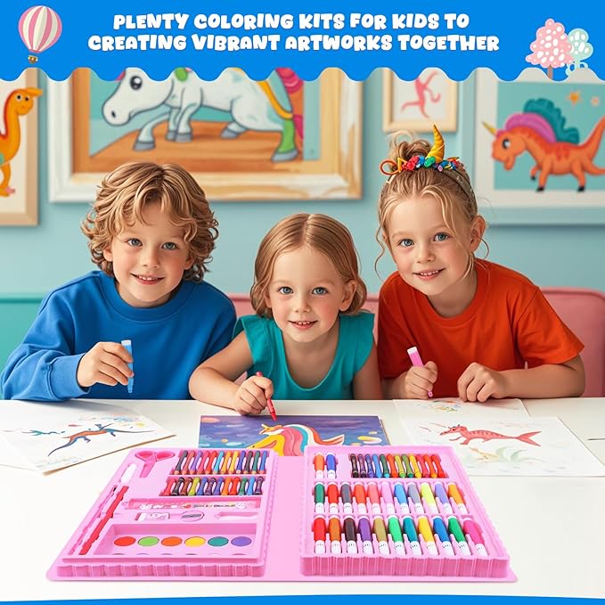 homicozy Art Supplies, Unicorn Drawing & Coloring Set with Crayons, Colored Pencils, Markers, Sketchbook, Watercolor Cakes, Stencils, Arts and Crafts Painting Kit for Kids Ages 4-10, Girls Boys Gift