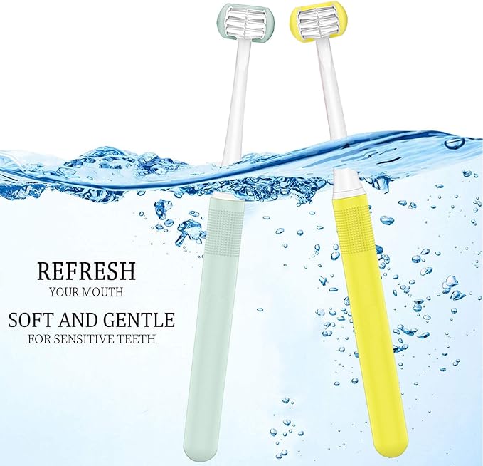 2 Pieces 3 Sided Toddler Toothbrush, Three Bristles for Kids Toothbrush, Autism Soft Bristles Toothbrush,Soft and Gentle for Complete Tooth and Gum Care(C1（Blue+Yellow） Kids)