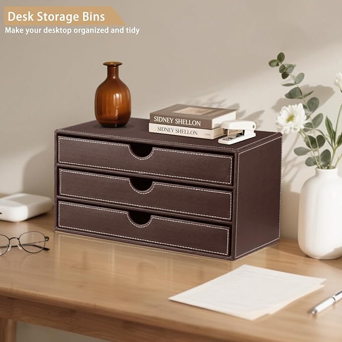 PU Leather Desktop Organizer with Drawers,3 Drawer Office Desk Organizer,Desktop Storage for Office Supplies/A4 Paper/Magazine/Book,for Office School Home.Brown