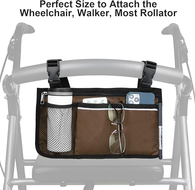 Wheelchair Side Bag, Armrest Storage Pouch with Cup Holder and Reflective Strip for Wheelchairs, Walkers or Rollators (Coffee)