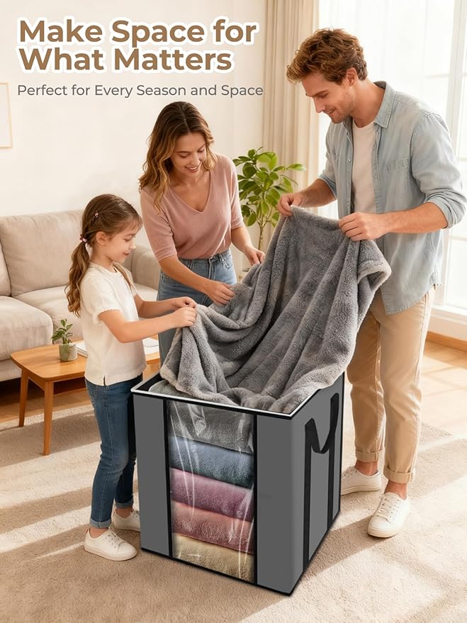 120L Extra Large Blanket & Clothes Storage Bags for Bedding & Comforters & Pillow–Foldable Thick Waterproof Fabric with Clear Window,Dual Zippers & Sturdy Handles,3 Pack Seasonal Organization