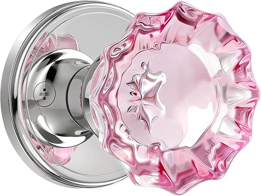 SHINY HANDLES Pink Glass Door Knobs Interior, Vintage Passage Pink Crystal Door Knobs with Lock, Polished Chrome Door Knob for Hall and Closet, 1 Pack