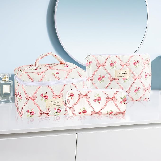 URSKYTOUS 3Pcs Makeup Bag Quilted Cosmetic Bag Set Bow Travel Large Makeup Pouch for Women Cute Portable Cotton Toiletry Bag Skincare Organizer Coquette Vintage Travel Essential