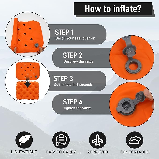 BreezCamp Inflatable Seat Cushion, Lightweight Stadium Seat Pad, Camping Accessories Chair Pad for Airplane Travel, Hiking, Climbing, Home and Office,Orange