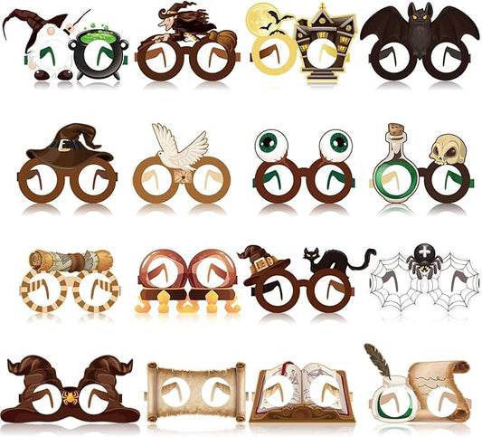 32 Pcs Halloween Wizard Party Decorations Paper Eyeglasses Wizard School Party Decoration Wizard Party Photo Prop Wizard Glasses Frame Costume Supplies for Halloween Birthday Party Favors