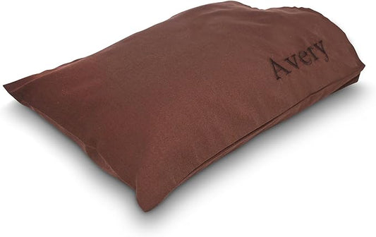 Pipsqueak Small | Tiny | Mini Pillow with Name Tag - 11in x 7in x 2.5in - Machine Washable - White Pillow with Personalized Brown Case