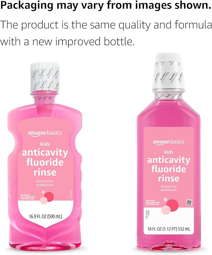 Amazon Basics Kids Mouthwash with Fluoride, Anticavity, Alcohol-Free Bubble Gum, 18 fl oz (Pack of 1)